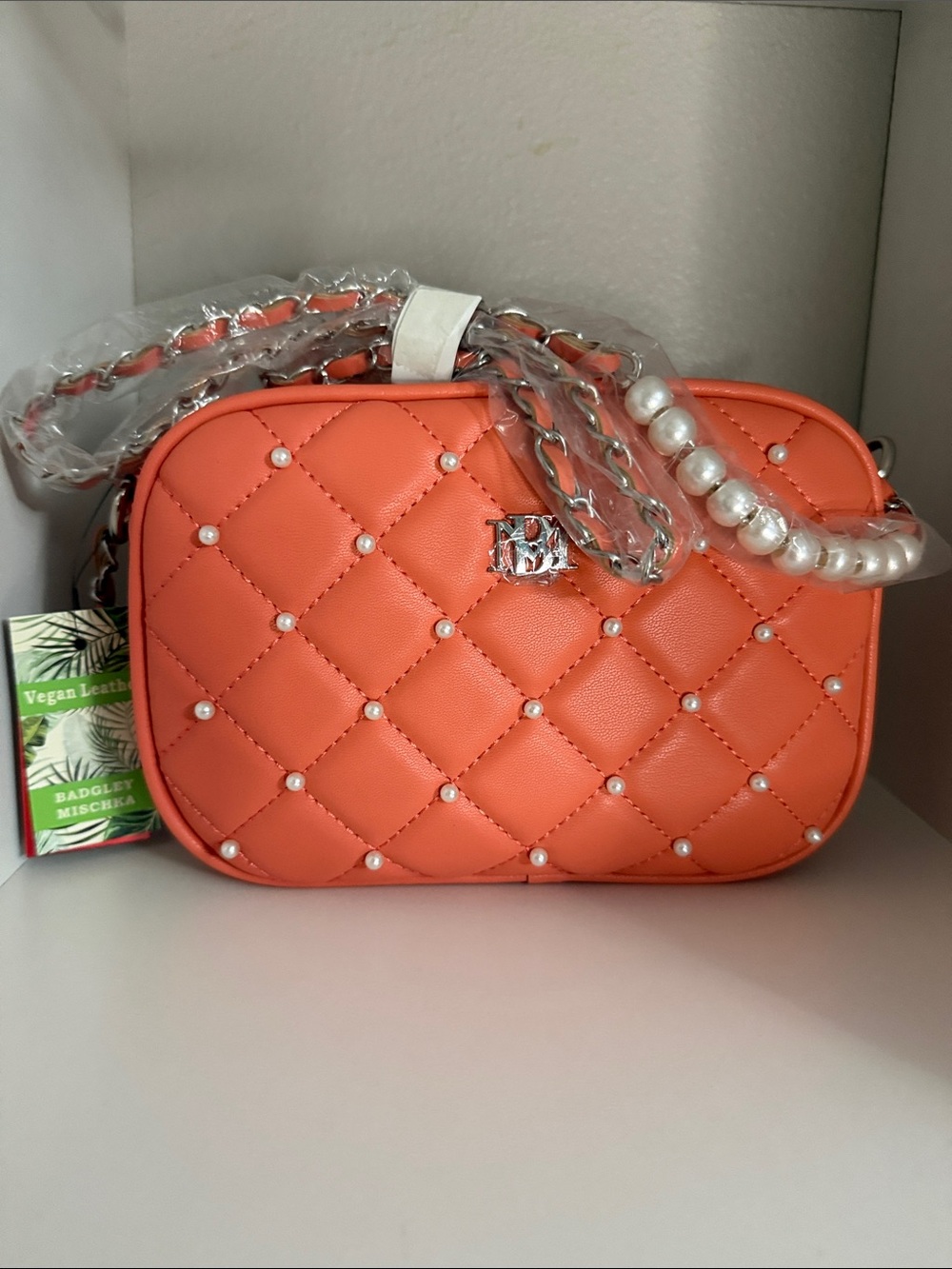 Badgley Mischka Coral Quilted Crossbody with Pearl-Detail Chain